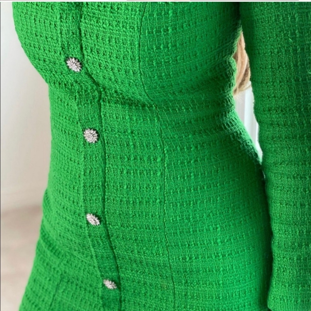 Zara * Tweed Textured Weave Blazer Dress with Jewel Buttons Green - Picture 5 of 14